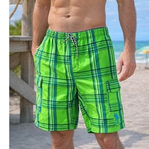 US POLO Green Plaid Swim Shorts NWOT
